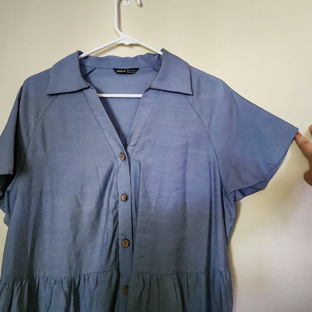 Flowy Layered Blue Dress Short Sleev Buttoned Vneck - Shein XL